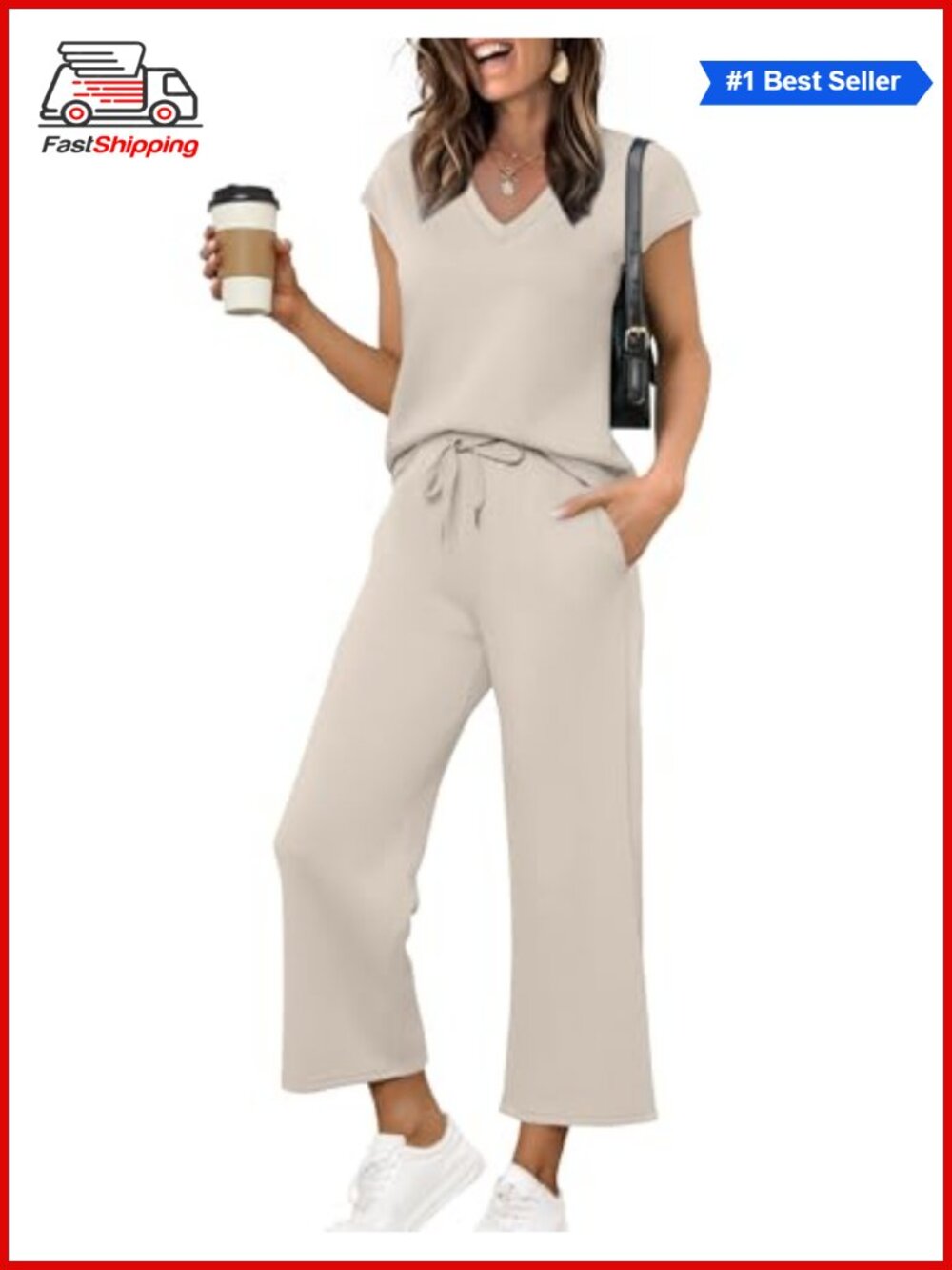 ✨Saloogoe Two Piece Set V Neck Cap Sleeve Top Wide Leg Pants Lounge Travel